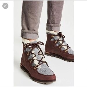 Sorel Sneakchic Alpine Cattail Red Brown Lace-Up Boots Shearling Lining 9.5